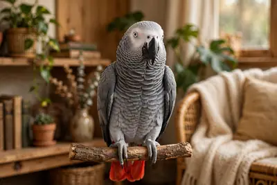 Lindo loro gris africano con cola roja