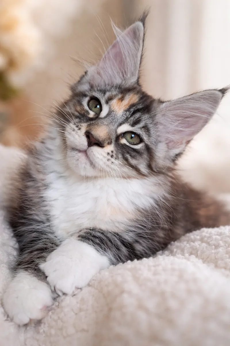 Angelica, nadir renkte bir Maine Coon dişi kedisidir (fs 03 24), EdenLight kedi çiftliğinden (WCF).